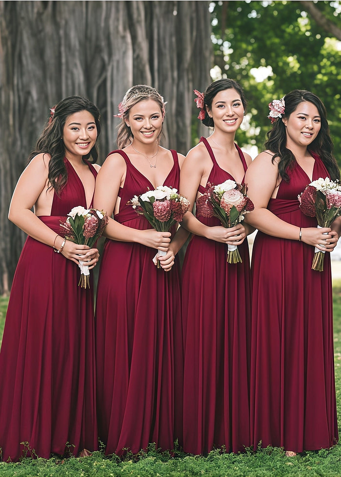 Clara | Blessed Romance Convertible Burgundy Chiffon Maxi Bridesmaid Dress With Multiway Infinity - Price #Price_Variant_Lowest# - Burgundy - Promdressclub