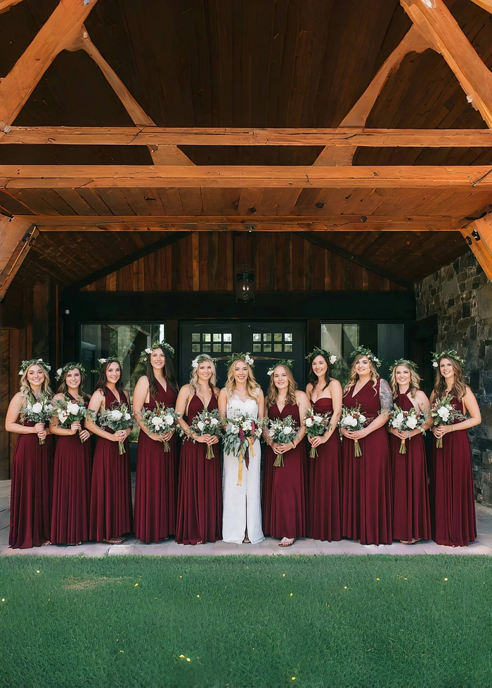 Clara | Blessed Romance Convertible Burgundy Chiffon Maxi Bridesmaid Dress With Multiway Infinity - Price #Price_Variant_Lowest# - Burgundy - Promdressclub