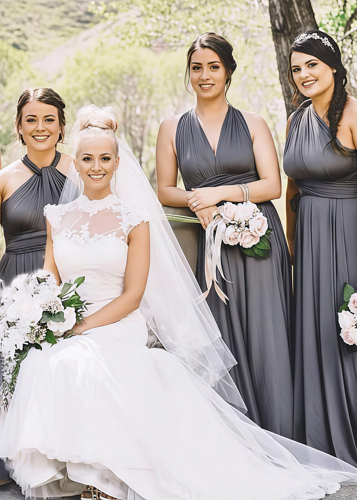 Crystal | Purely Elegant Infinity Dark Grey Chiffon Maxi Bridesmaid Dress With Multiway Convertible - Price #Price_Variant_Lowest# - Dark Grey - Promdressclub