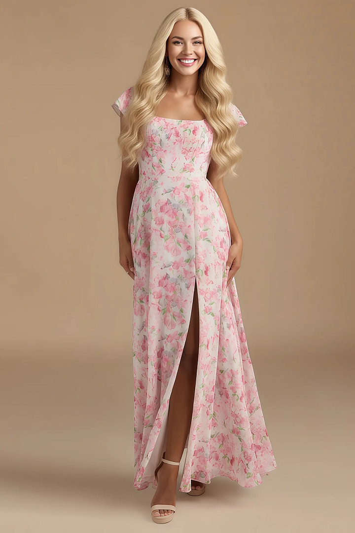 Exclusivity Watercolor Floral Bridesmaid Dresses A Line Square Neck in Chiffon with Cap Sleeved Ruffled and Slits Image497891 - Akaks