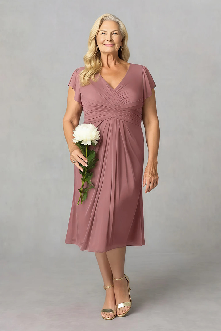Akaks Adeline Mother of the Bride Plus Size Dresses Desert Rose A-Line V-Neck Tea Length Ruffles Cap Sleeves Pleated Chiffon Dress Image682590