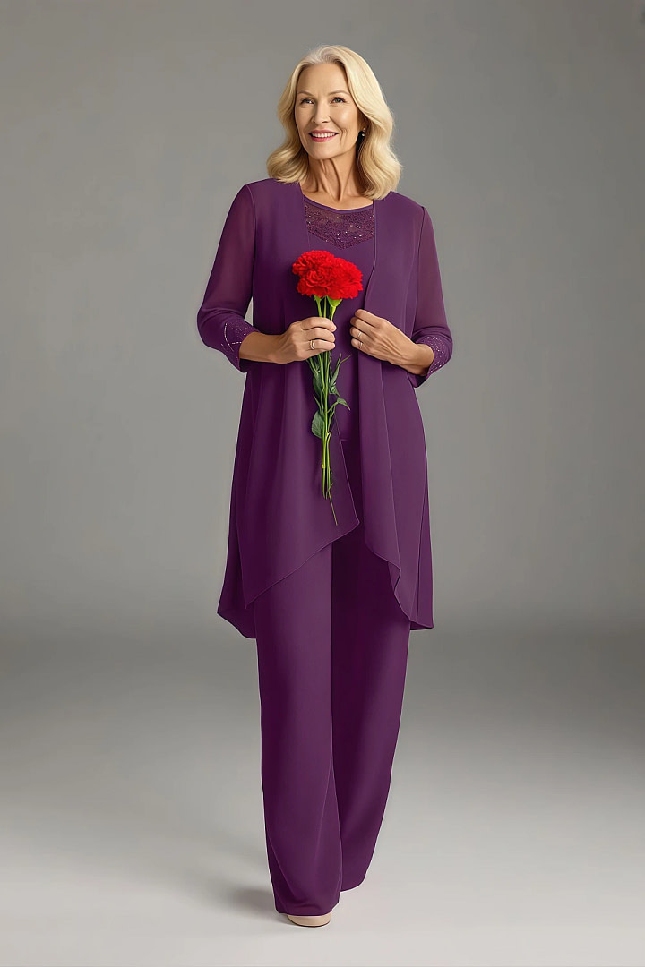 Akaks Adriana Grape Colored Mother of the Bride Dresses Pant Suits Scoop Neck Sequins Chiffon Dress Image732324