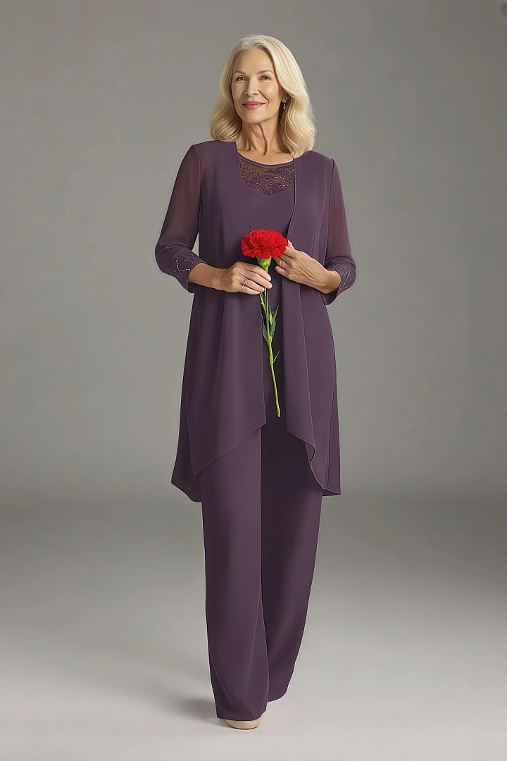 Akaks Adriana Plum Colored Dresses for Mother of the Bride Pant Suits Scoop Neck Sequins Chiffon Dress Image901469