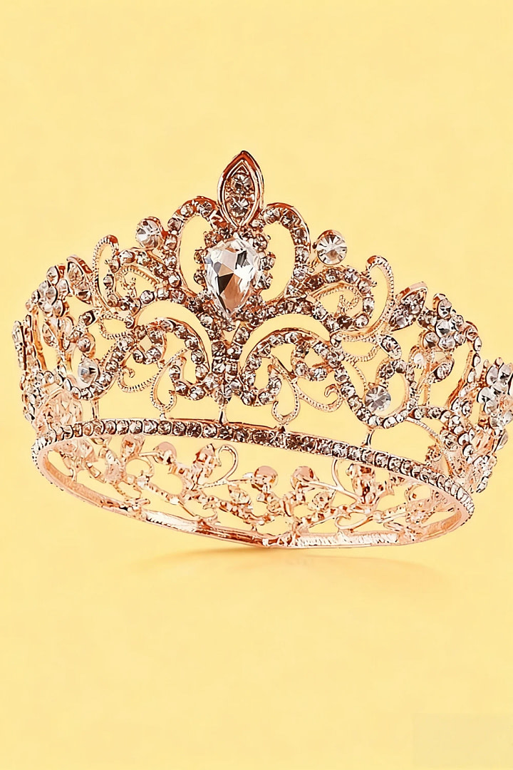 Akaks Rose Gold Metal Frame With White Crystal Princess Tiara Bridal Crown Image251662