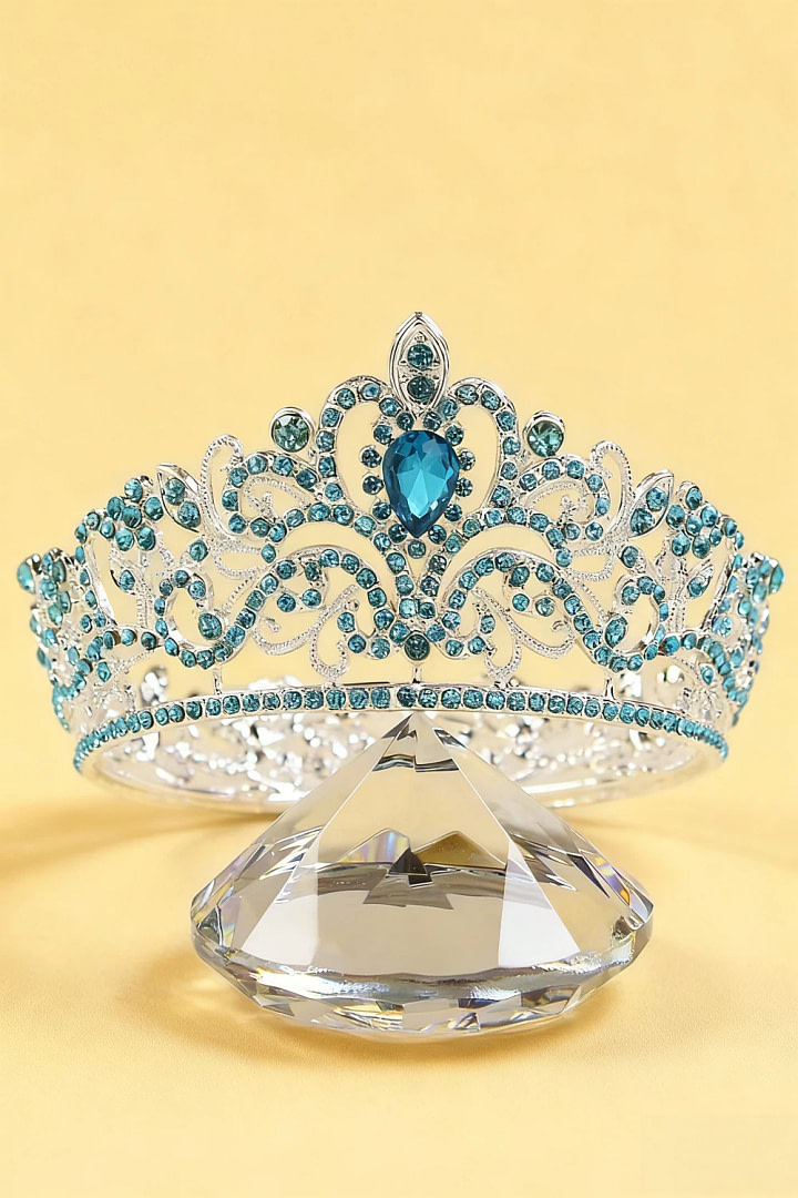 Akaks Silver Metal Frame With Aqua Crystal Princess Tiara Bridal Crown Image144812