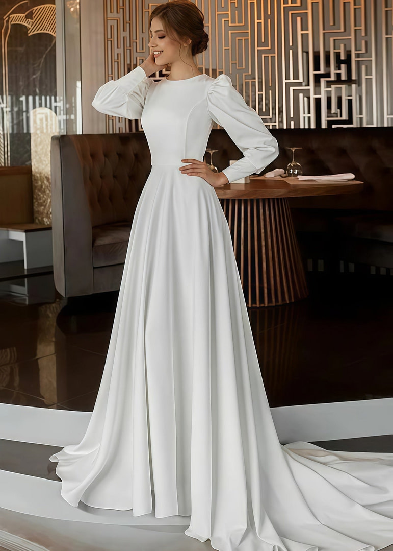 Gabrielle | Classic A Line Long Sleeve High Neck Wedding Dress Court Train with Vintage Gown - Price #price_variant_lowest# - White - PromDressClub
