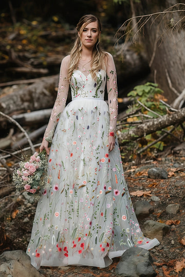 Livia | Discover Timeless Floral Modest Wedding Dresses With Luxe Sleeves Under 1000 - Ivory Floral - PromDressClub