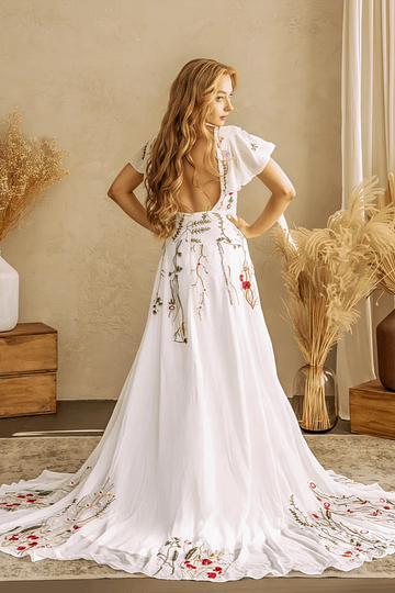 Lola | Stunning Floral Wedding Dresses with Sleeves - Ivory Floral - PromDressClub