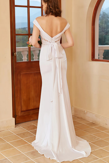 Gustave | Beach Off the Shoulder Backless White Wedding Guset Dress with Train - Price #price_variant_lowest# - White - PromDressClub