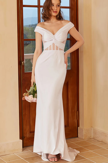 Gustave | Beach Off the Shoulder Backless White Wedding Guset Dress with Train - Price #price_variant_lowest# - White - PromDressClub