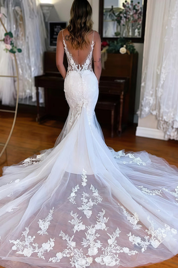 Jennifer | Elegant V Neck Lace Mermaid Wedding Dress with Long Train - White - PromDressClub