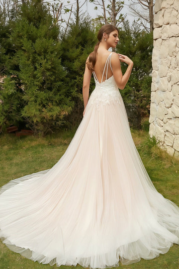 Laurel | Elegant A Line/Princess Spaghetti Strap V Neck Lace Tulle Wedding Dress with Train - Ivory - PromDressClub