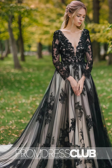 Miranda |Black And White Long Wedding Dresses Near Me With Non - Traditional Gothic Boho Lace Flowy Forest Sleeved Backless Bridal Gown Court Train - Price #price_variant_lowest# - White - PromDressClub