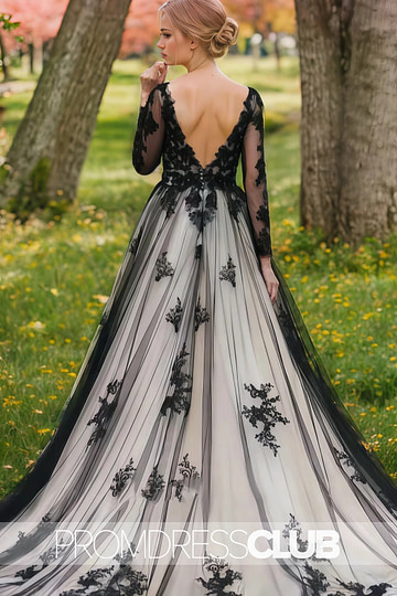Miranda |Black And White Long Wedding Dresses Near Me With Non - Traditional Gothic Boho Lace Flowy Forest Sleeved Backless Bridal Gown Court Train - Price #price_variant_lowest# - White - PromDressClub