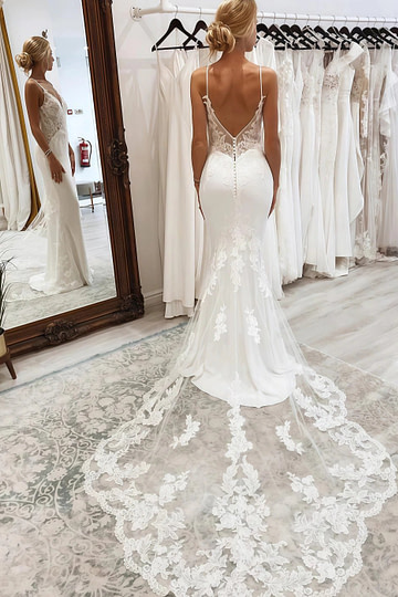 Nora | Stunning Mermaid Spaghetti Strap V Neck Lace Wedding Dress with Long Train - Ivory - PromDressClub