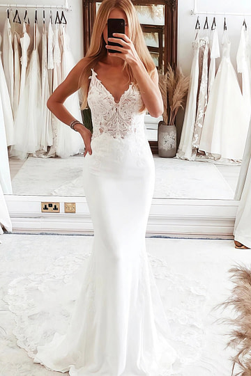 Nora | Stunning Mermaid Spaghetti Strap V Neck Lace Wedding Dress with Long Train - Ivory - PromDressClub