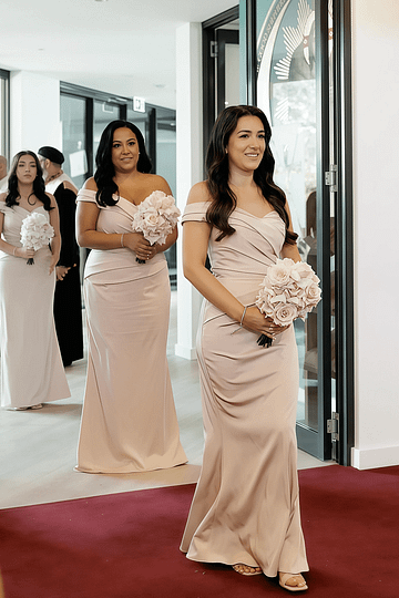 Alexia | Mermaid Off the Shoulder Champagne Stretch Satin Maxi Bridesmaid Dress with Pleated and Sweetheart Neck - Price #price_variant_lowest# - Champagne - PromDressClub