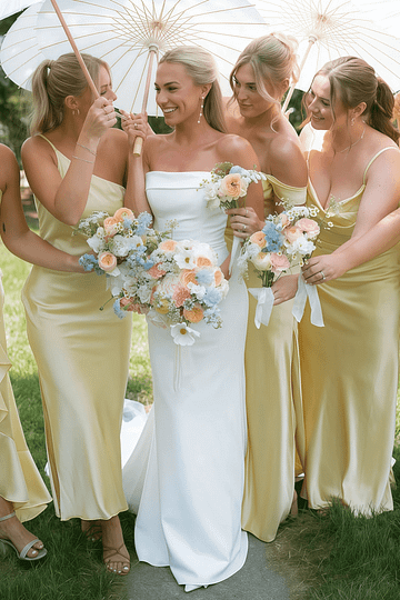 Alice | Simple Sheath Silk Satin Pale Yellow Maxi Bridesmaid Dress with Slit and Ruffles - Price #price_variant_lowest# - Pale Yellow - PromDressClub