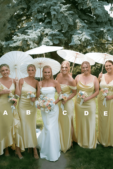 Alice | Simple Sheath Silk Satin Pale Yellow Maxi Bridesmaid Dress with Slit and Ruffles - Price #price_variant_lowest# - Pale Yellow - PromDressClub