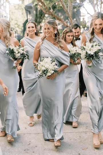 Akaks Humor One Shoulder Bridesmaid Dress Sheath Floor Length Dusty Blue and Black Satin Dress Image146457