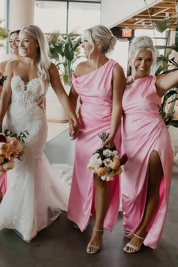 Akaks Incredible Fuchsia Bridesmaid Dress Satin Sheath One Shoulder Floor Length Dress with Slits Image312860