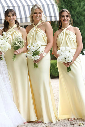 Amy | Sheath Twist Knot Pale Yellow Stretch Satin Maxi Bridesmaid Dress with Halter and Backless - Price #price_variant_lowest# - Pale Yellow - PromDressClub