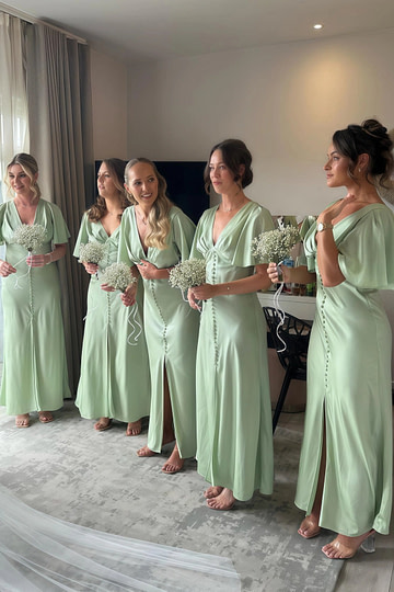 Anna | Sheath Modest Sage Green Satin Maxi Bridesmaid Dress with Slit and Buttons - Price #price_variant_lowest# - Sage - PromDressClub