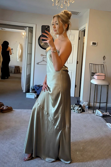 April | Sheath Strapless Skeleton Olive Green Satin Maxi Bridesmaid Dress with Backless and Buttons - Price #price_variant_lowest# - Olive Green - PromDressClub