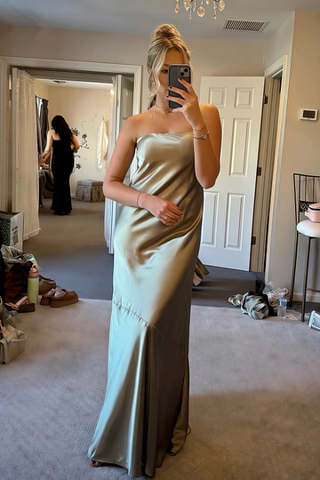 April | Sheath Strapless Skeleton Olive Green Satin Maxi Bridesmaid Dress with Backless and Buttons - Price #price_variant_lowest# - Olive Green - PromDressClub