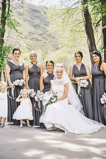 Crystal | Purely Elegant Infinity Dark Grey Chiffon Maxi Bridesmaid Dress with Multiway Convertible - Price #price_variant_lowest# - Dark Grey - PromDressClub