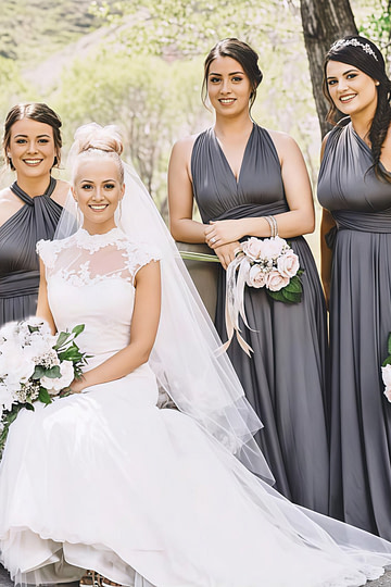 Crystal | Purely Elegant Infinity Dark Grey Chiffon Maxi Bridesmaid Dress with Multiway Convertible - Price #price_variant_lowest# - Dark Grey - PromDressClub