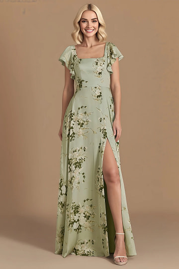 Akaks Powerful Sage Green Floral Bridesmaid Dresses Satin A-line Square Neck Floor Length Short Sleeve Bow Image256272 (4)