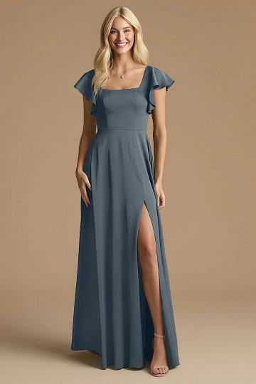Akaks Powerful Twilight Bridesmaid Dresses Satin A-line Square Neck Floor Length Short Sleeve Bow Image496368