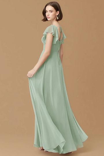 Exclusivity Agave Bridesmaid Dresses A Line Square Neck in Chiffon with Cap Sleeved Ruffled and Slits Image681535