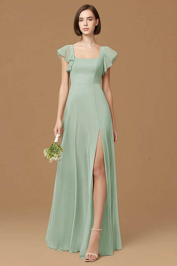 Exclusivity Agave Bridesmaid Dresses A Line Square Neck in Chiffon with Cap Sleeved Ruffled and Slits Image729976