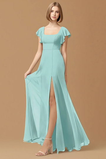 Exclusivity Aqua Bridesmaid Dresses A Line Square Neck in Chiffon with Cap Sleeved Ruffled and Slits Image317336