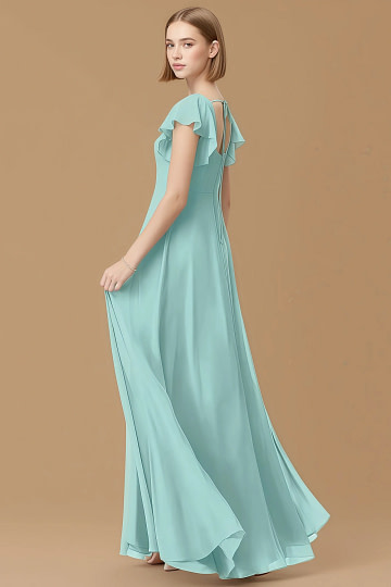 Exclusivity Aqua Bridesmaid Dresses A Line Square Neck in Chiffon with Cap Sleeved Ruffled and Slits Image465171