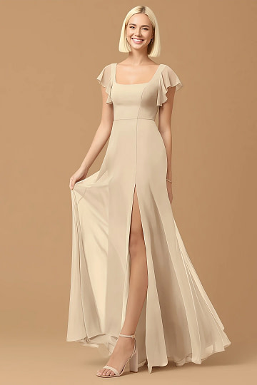Exclusivity Champagne Bridesmaid Dresses A Line Square Neck in Chiffon with Cap Sleeved Ruffled and Slits Image883849 - Akaks