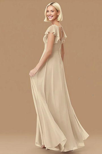 Exclusivity Champagne Bridesmaid Dresses A Line Square Neck in Chiffon with Cap Sleeved Ruffled and Slits Image994924 - Akaks