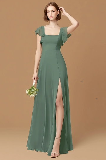 Exclusivity Eucalyptus Bridesmaid Dresses A Line Square Neck in Chiffon with Cap Sleeved Ruffled and Slits Image145990