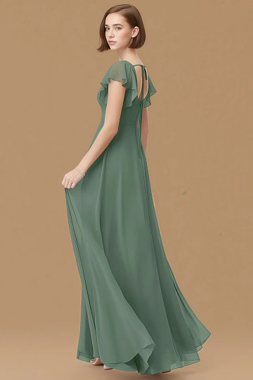 Exclusivity Eucalyptus Bridesmaid Dresses A Line Square Neck in Chiffon with Cap Sleeved Ruffled and Slits Image402453