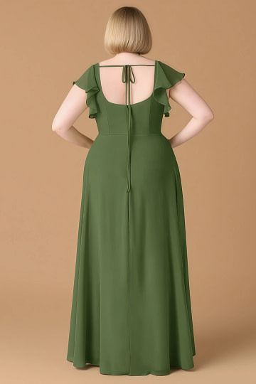 Exclusivity Olive Green Bridesmaid Dresses A Line Square Neck in Chiffon with Cap Sleeved Ruffled and Slits Image110941