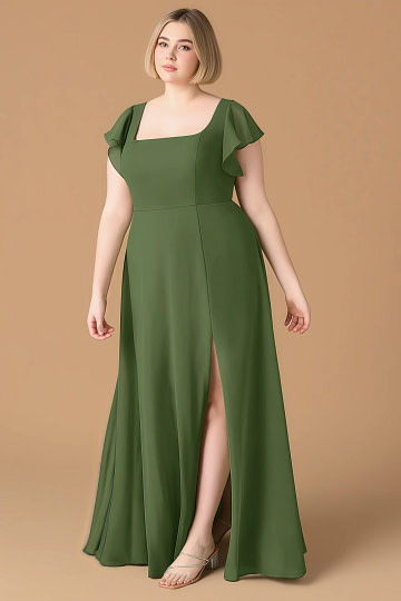 Exclusivity Olive Green Bridesmaid Dresses A Line Square Neck in Chiffon with Cap Sleeved Ruffled and Slits Image117415
