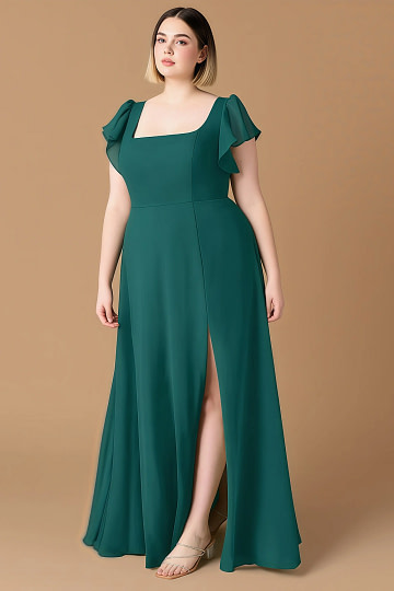 Exclusivity Peacock Bridesmaid Dresses A Line Square Neck in Chiffon with Cap Sleeved Ruffled and Slits Image818939