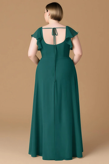 Exclusivity Peacock Bridesmaid Dresses A Line Square Neck in Chiffon with Cap Sleeved Ruffled and Slits Image964675