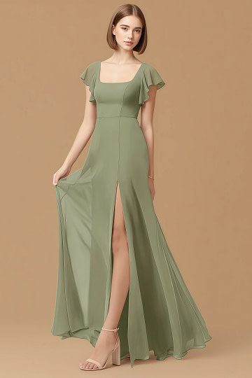 Exclusivity Pistachio Bridesmaid Dresses A Line Square Neck in Chiffon with Cap Sleeved Ruffled and Slits Image101306