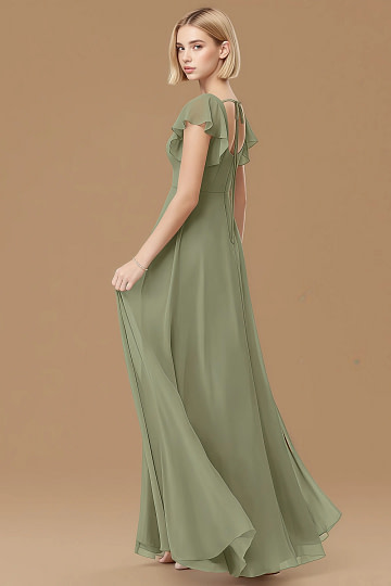 Exclusivity Pistachio Bridesmaid Dresses A Line Square Neck in Chiffon with Cap Sleeved Ruffled and Slits Image909254