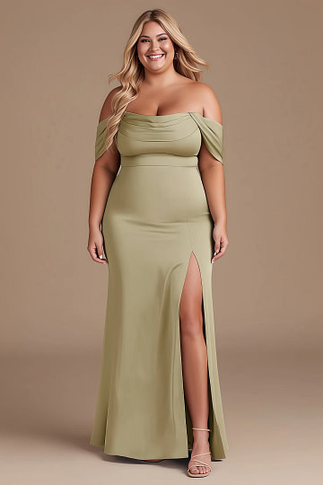 front view of model in plus size off the shoulder a-line floor length convertible moss green satin bridesmaid dress with slit Image892319