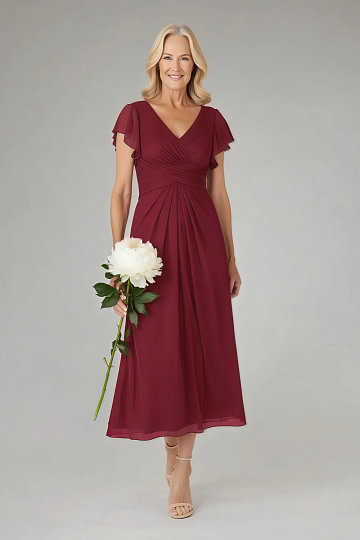 Akaks Adeline Mother of the Bride Dresses Burgundy A-Line V-Neck Tea Length Ruffles Cap Sleeves Pleated Chiffon Dress Image128568