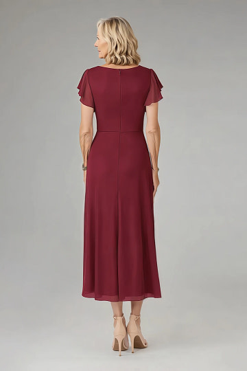 Akaks Adeline Mother of the Bride Dresses Burgundy A-Line V-Neck Tea Length Ruffles Cap Sleeves Pleated Chiffon Dress Image302670